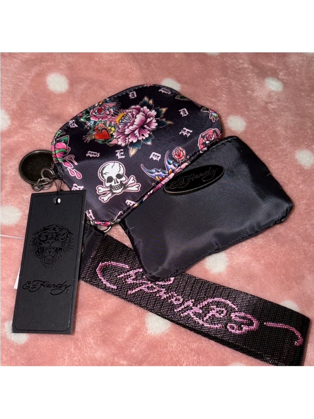 Ed Hardy Black Wristlet Pouch with Pink Floral & Skull Motif